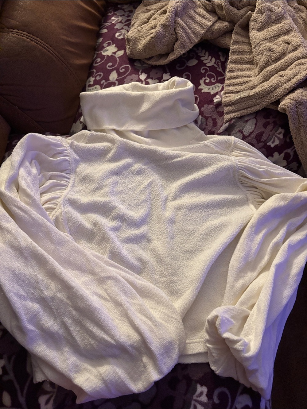 Free People Ivory Turtleneck Puff-Sleeve Sweater